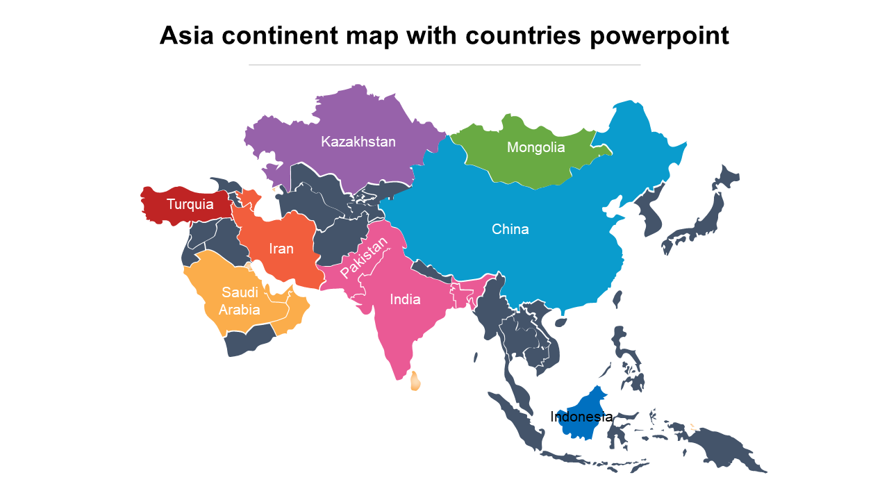 Colorful Asia Continent Map With Countries PowerPoint Slide